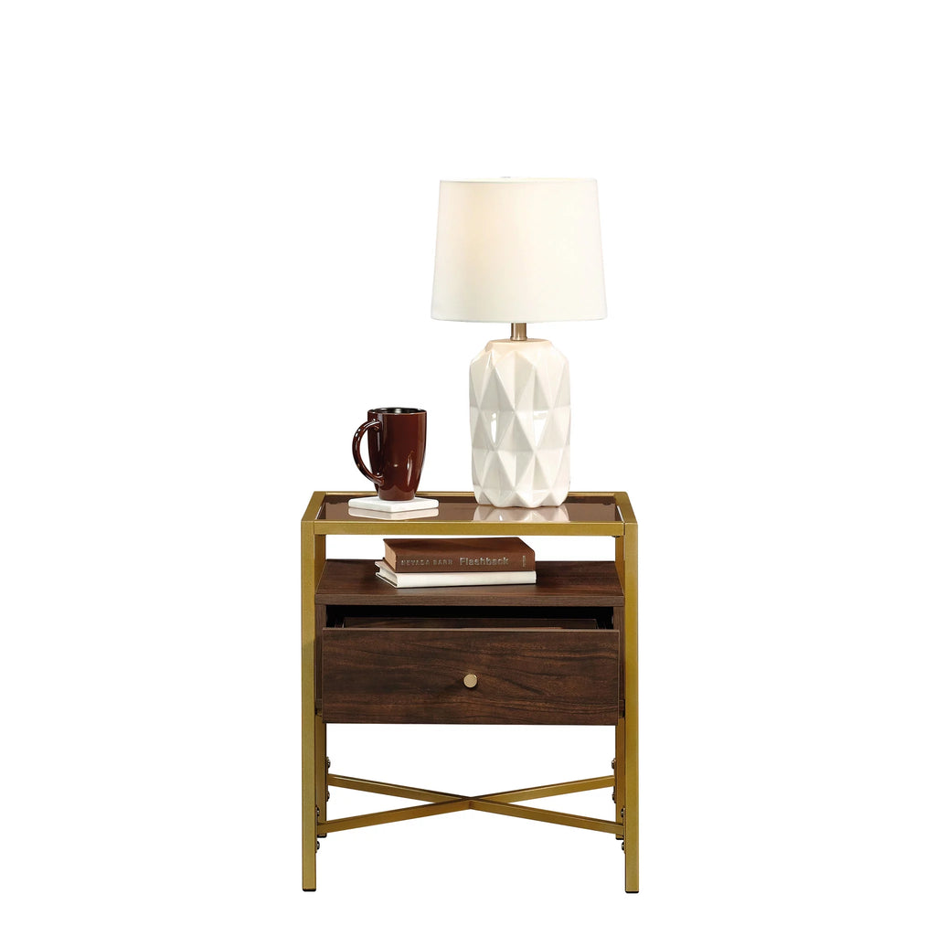 1 Drawer Glass Top Gold Metal Rectangular End Table E518