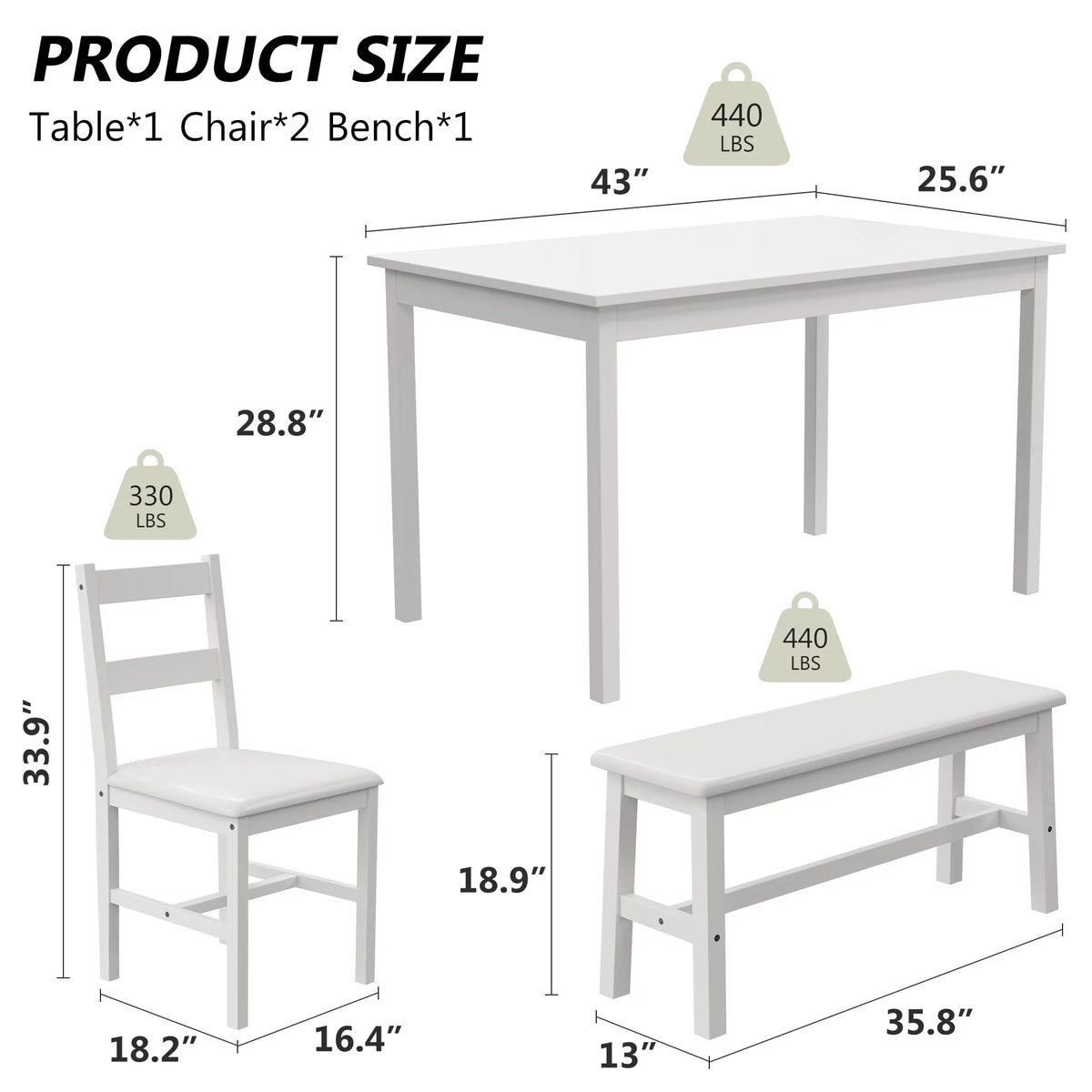 White 4 Piece Wood Dining Table Set with Chairs and Bench N3558