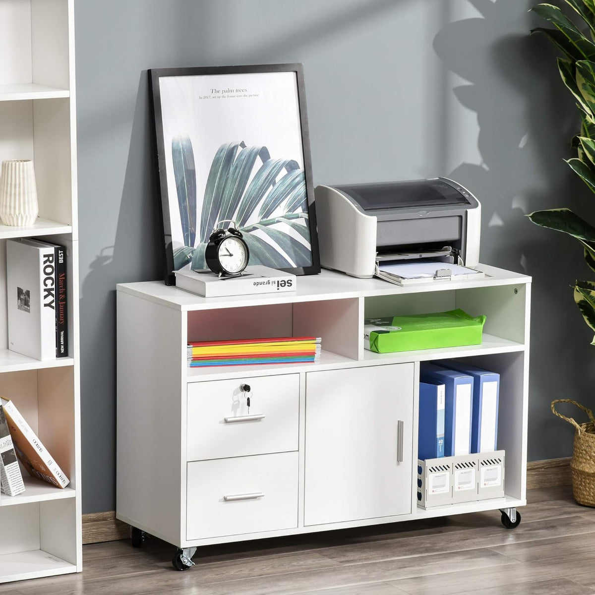 White Printer Stand with Drawer and Caster Wheels A5388