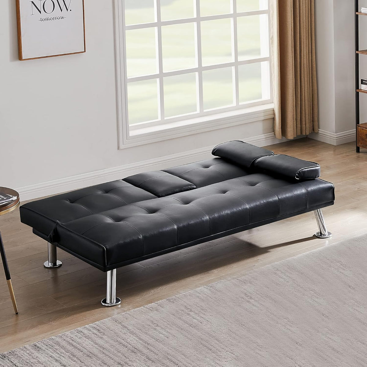 Black Faux Leather Loveseat Sofa Bed with Cup Holders P617
