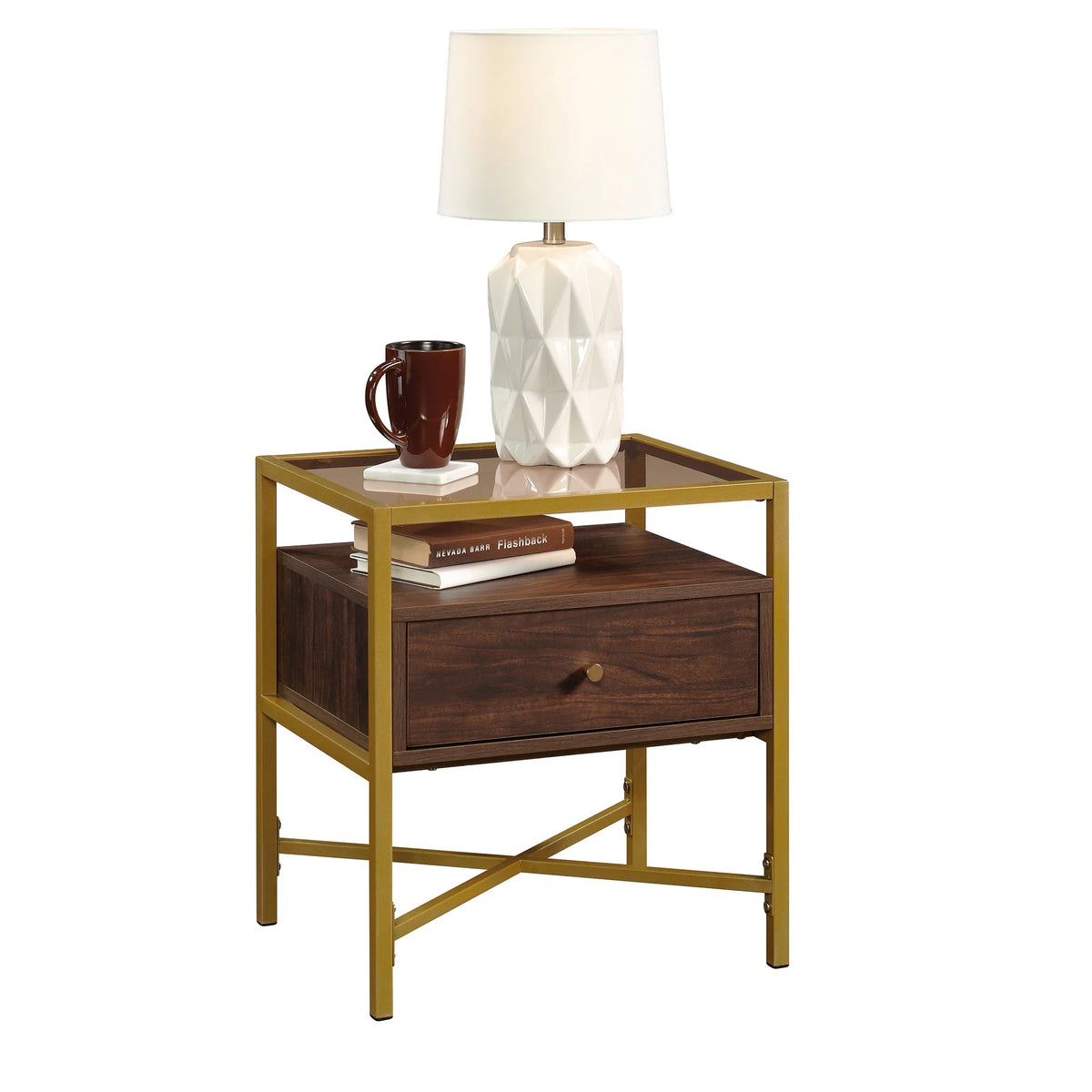 1 Drawer Glass Top Gold Metal Rectangular End Table E518