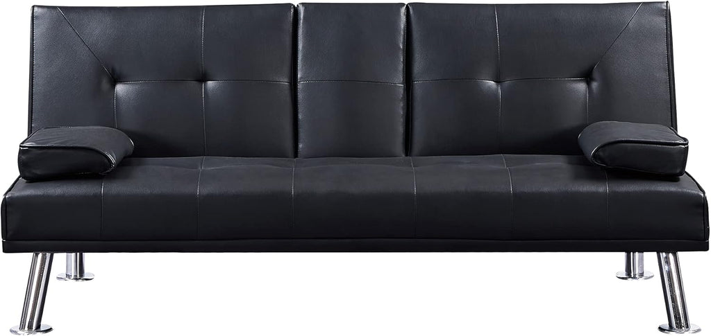 Black Faux Leather Loveseat Sofa Bed with Cup Holders P617