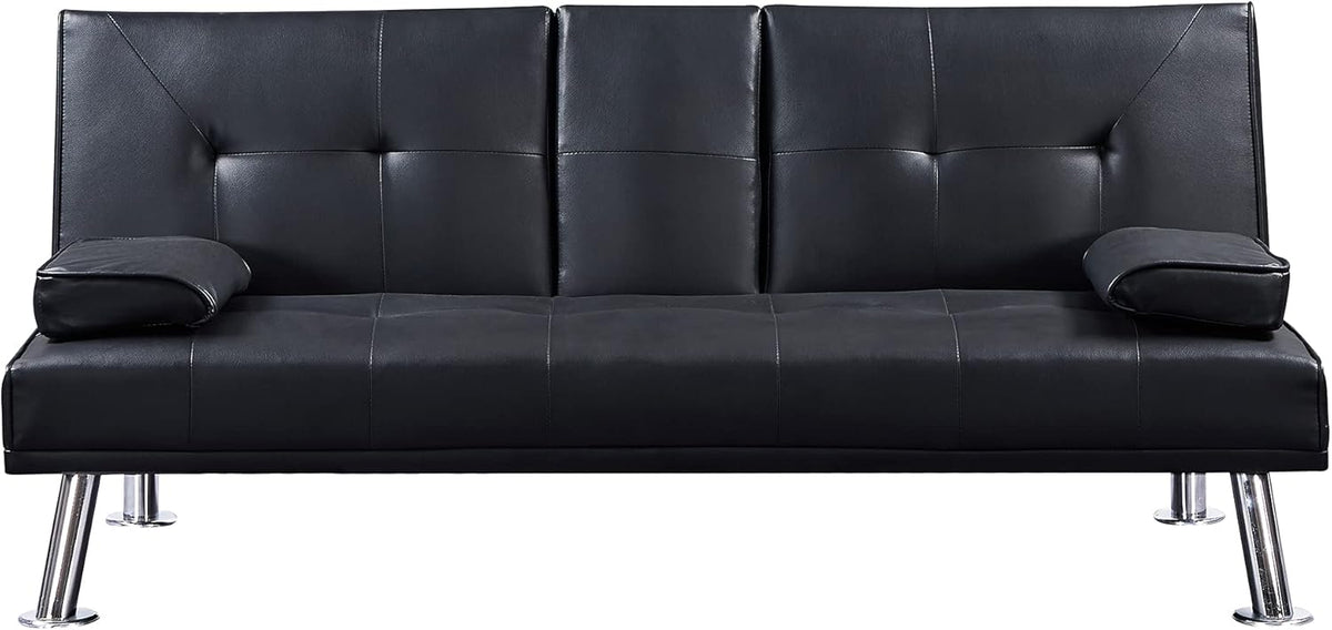 Black Faux Leather Loveseat Sofa Bed with Cup Holders P617
