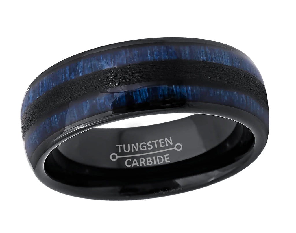 Black Dome Tungsten Carbide Ring with Blue Wood Inlay L835955