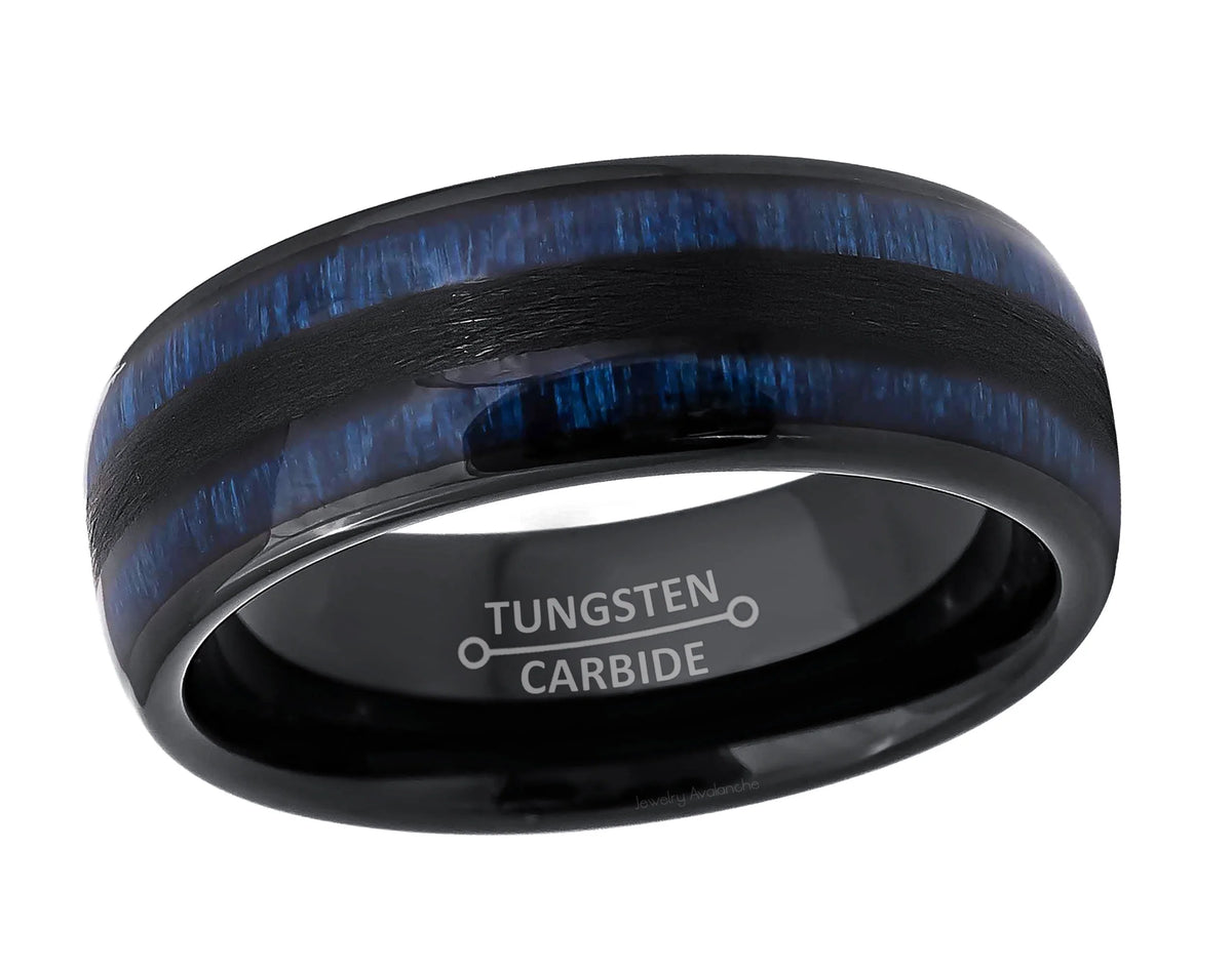 Black Dome Tungsten Carbide Ring with Blue Wood Inlay L835955