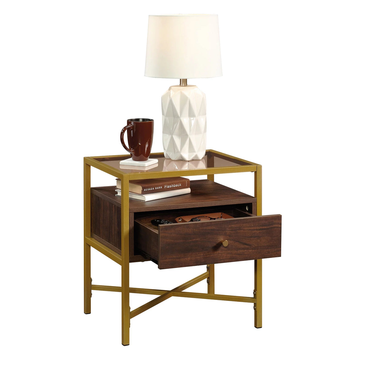 1 Drawer Glass Top Gold Metal Rectangular End Table E518