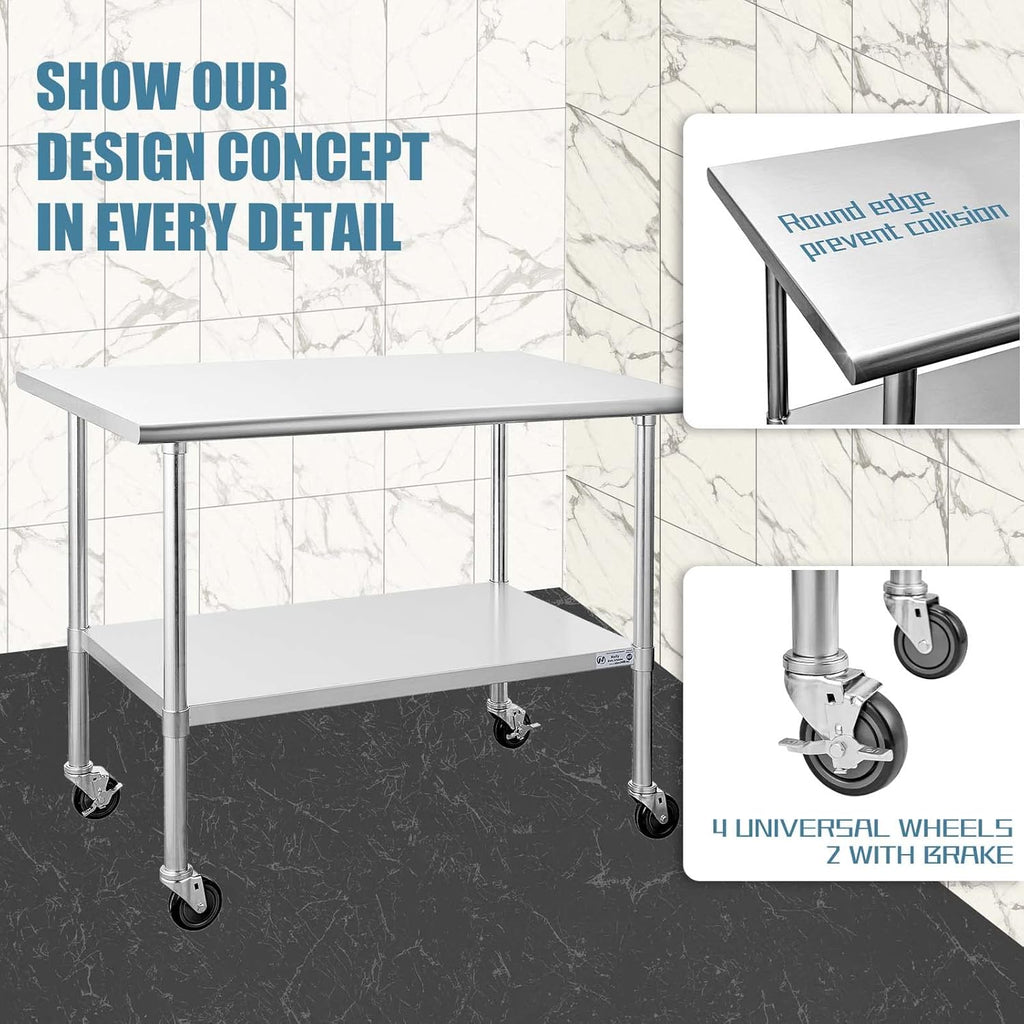 Stainless Steel Table 30 x 48 Inches with Caster Wheels B509