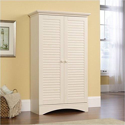 Antiqued White Storage Cabinet with Doors and 4 Adjustable Shelves H5881