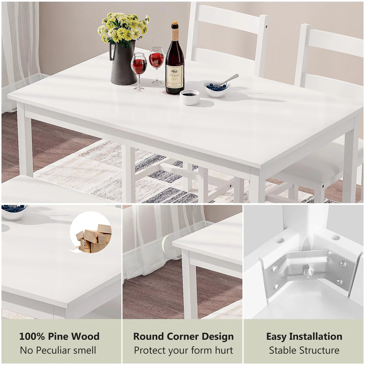 White 4 Piece Wood Dining Table Set with Chairs and Bench N3558