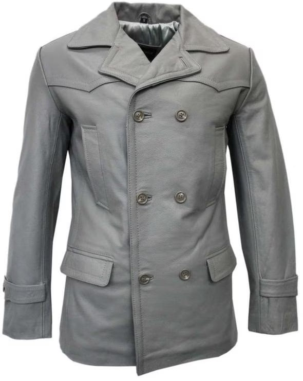 Grey Leather Pea Coat Blazer Y5559