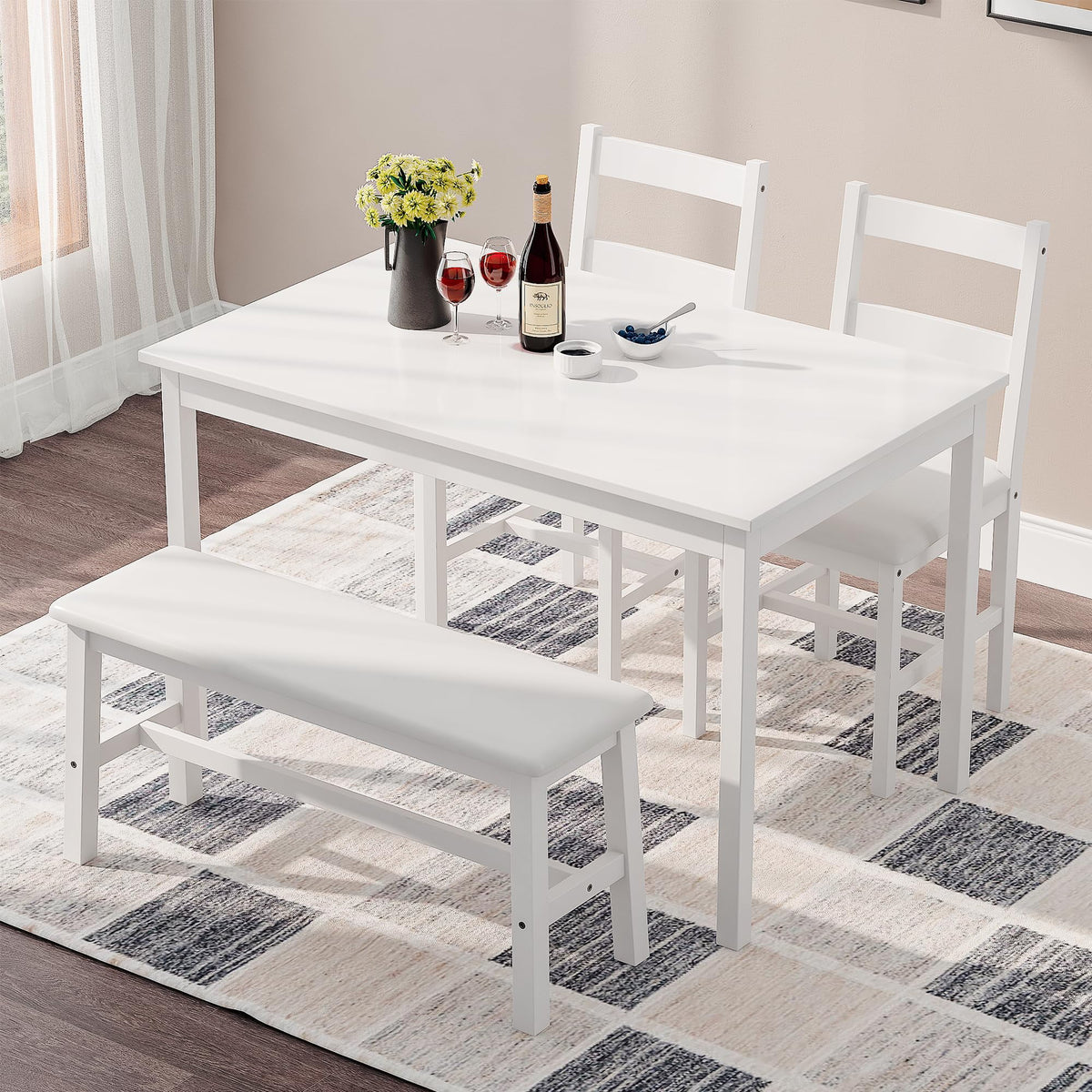 White 4 Piece Wood Dining Table Set with Chairs and Bench N3558