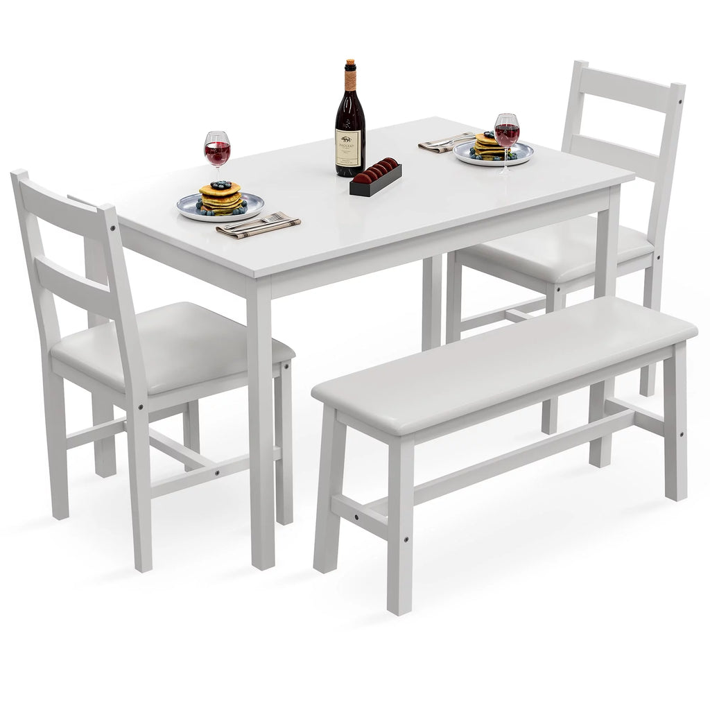 White 4 Piece Wood Dining Table Set with Chairs and Bench N3558
