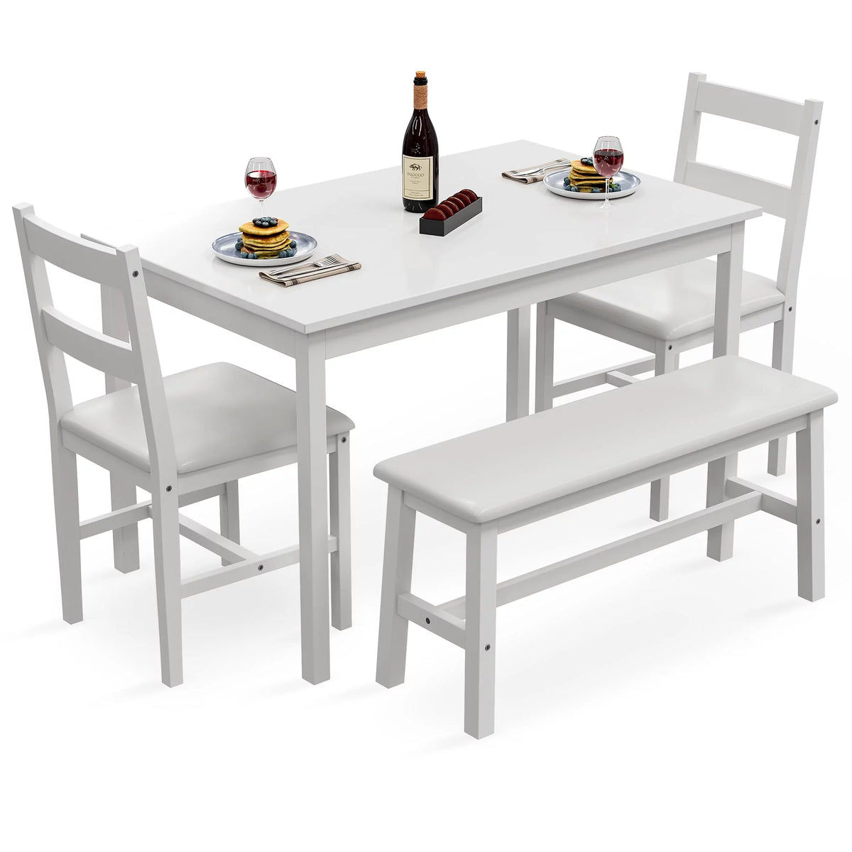White 4 Piece Wood Dining Table Set with Chairs and Bench N3558