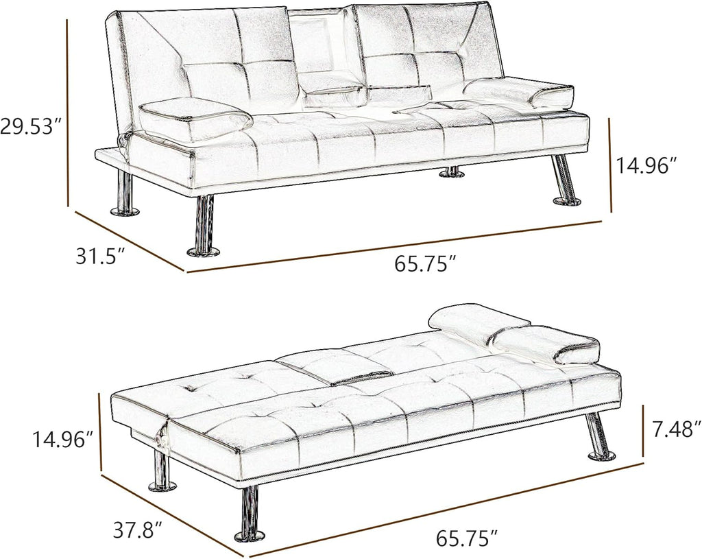Black Faux Leather Loveseat Sofa Bed with Cup Holders P617