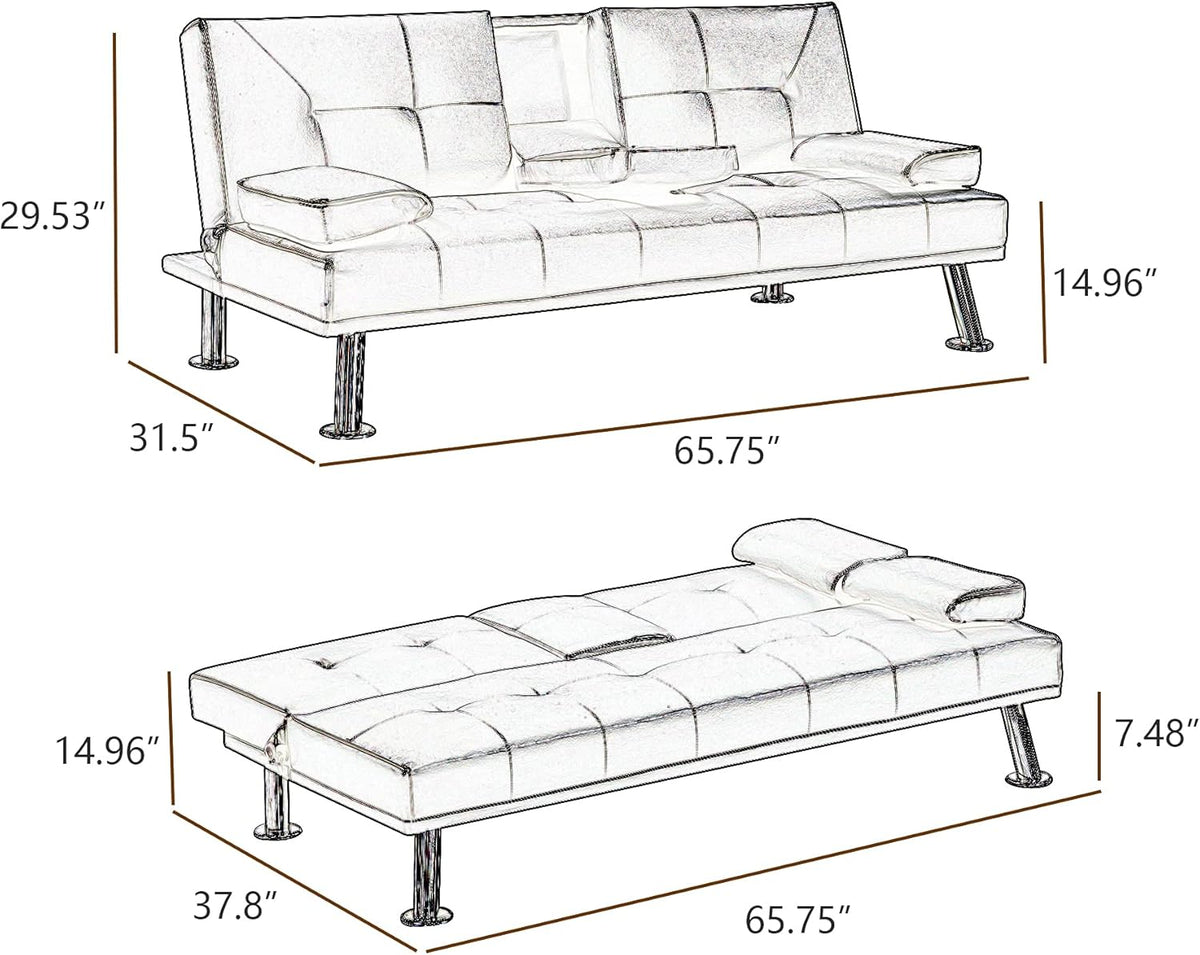 Black Faux Leather Loveseat Sofa Bed with Cup Holders P617