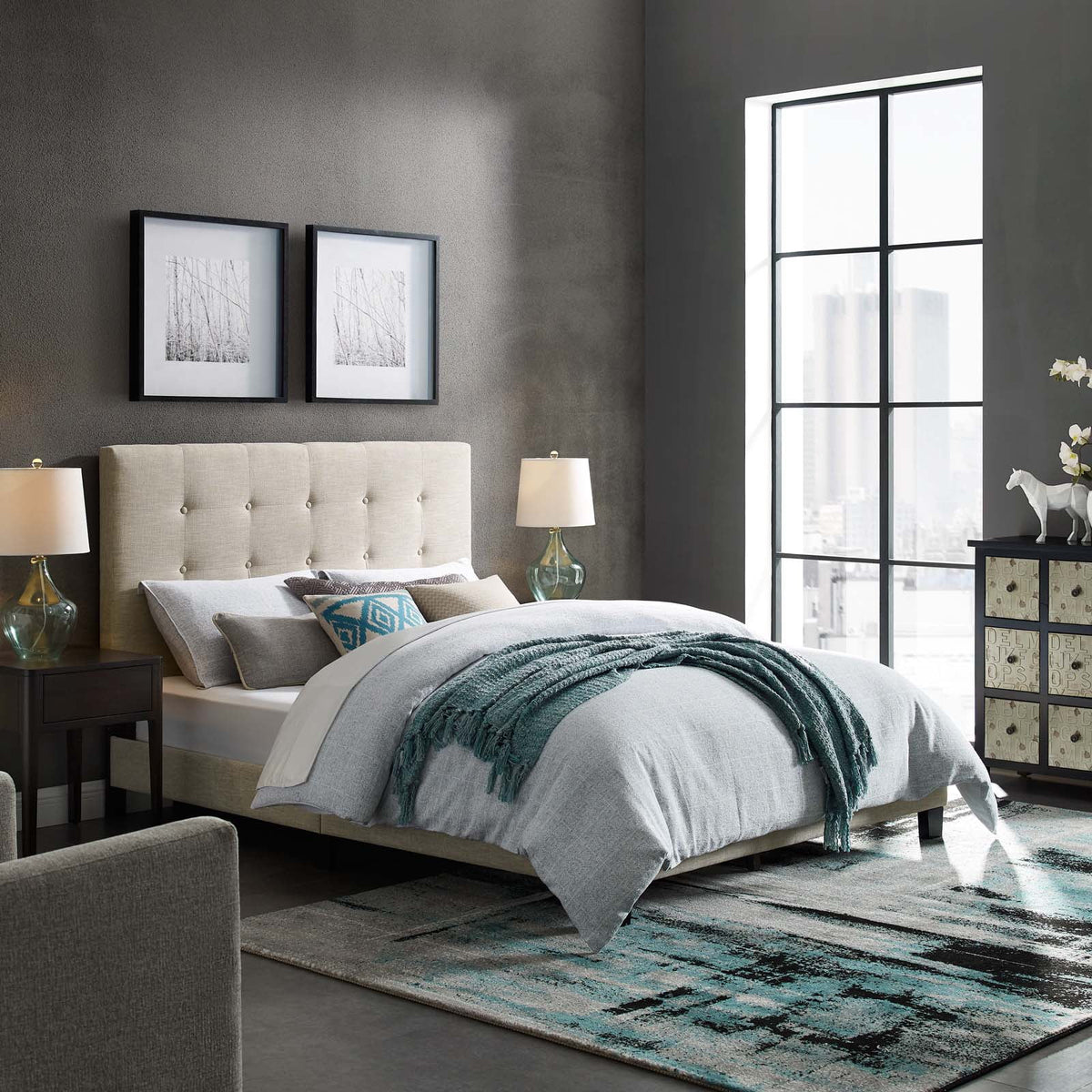 Beige Tufted Upholstered Fabric Platform Bed Q54714