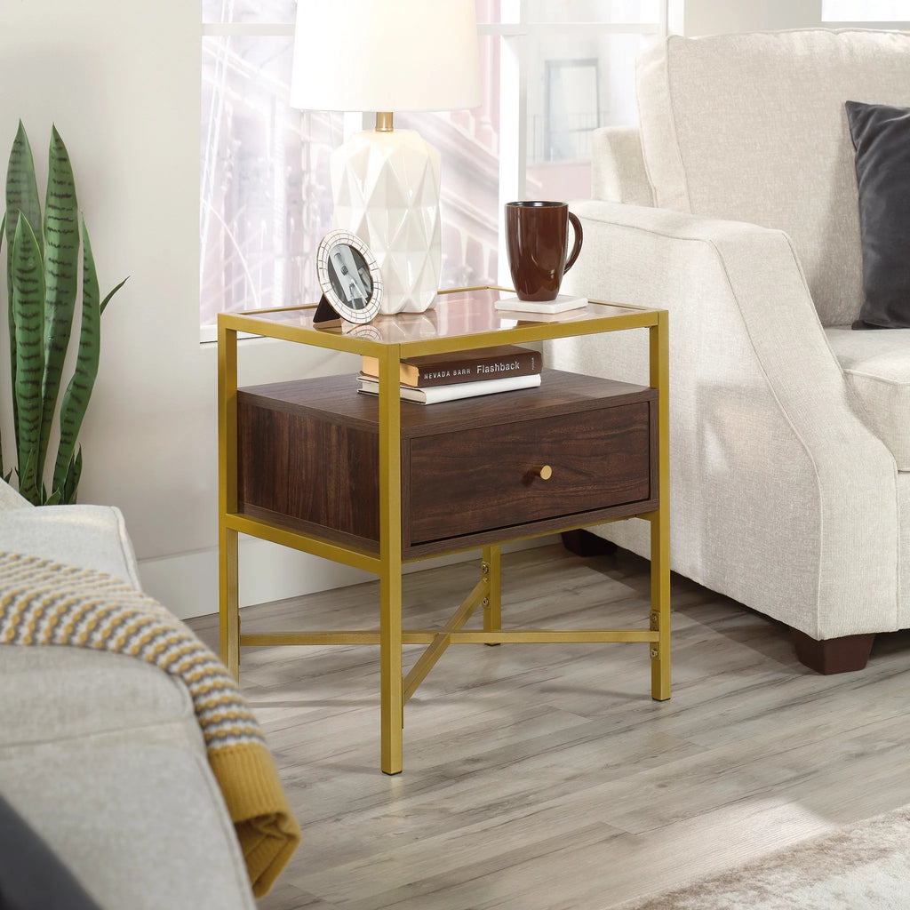 1 Drawer Glass Top Gold Metal Rectangular End Table E518