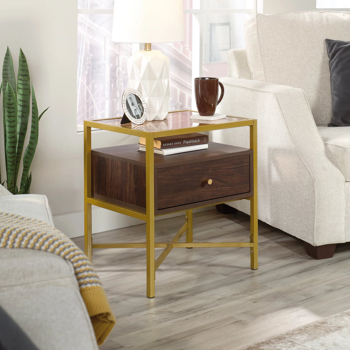 1 Drawer Glass Top Gold Metal Rectangular End Table E518