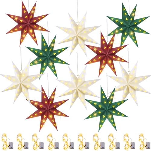 10 Set 8-Pointed 12 Inch Paper Star Lanterns with 10 LED Light P943