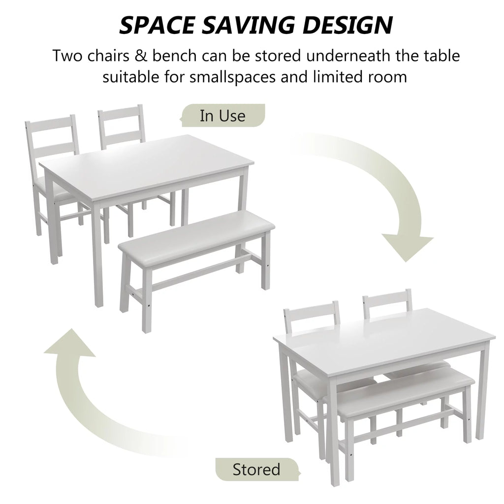 White 4 Piece Wood Dining Table Set with Chairs and Bench N3558