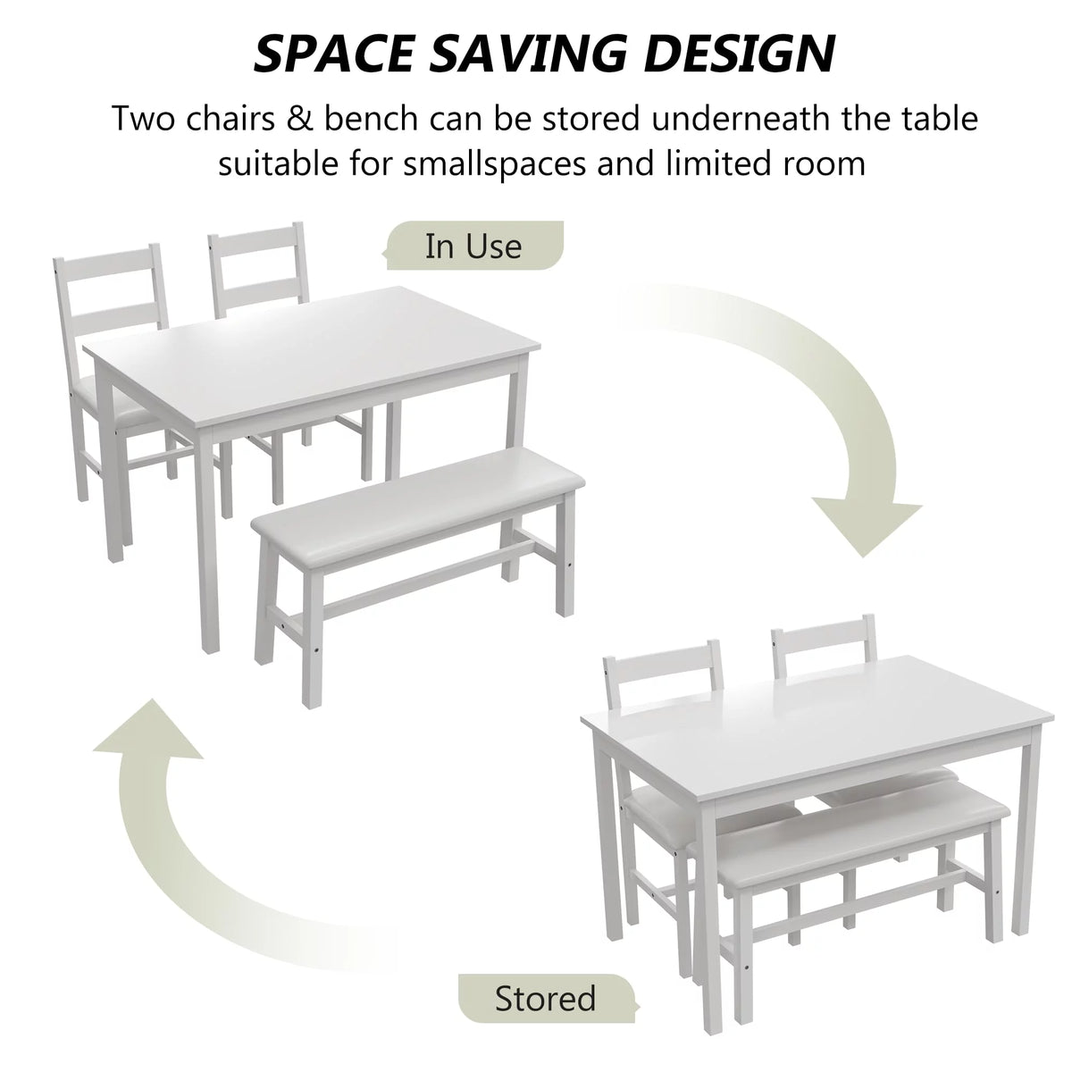 White 4 Piece Wood Dining Table Set with Chairs and Bench N3558