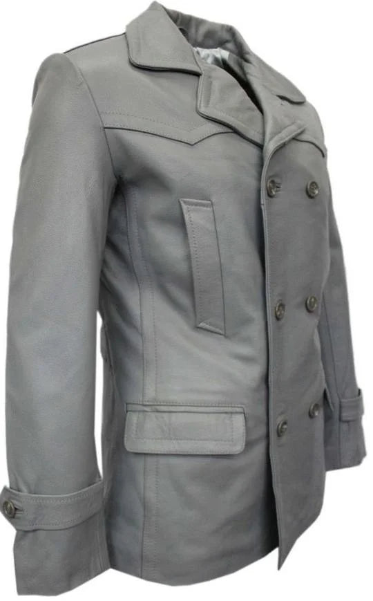 Grey Leather Pea Coat Blazer Y5559