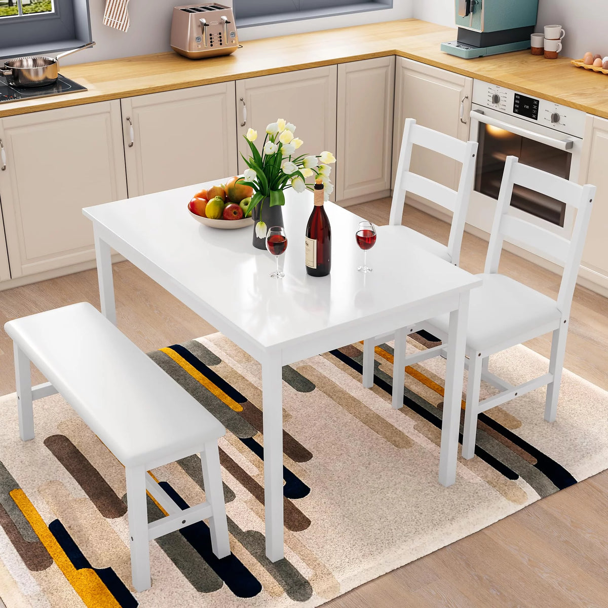 White 4 Piece Wood Dining Table Set with Chairs and Bench N3558