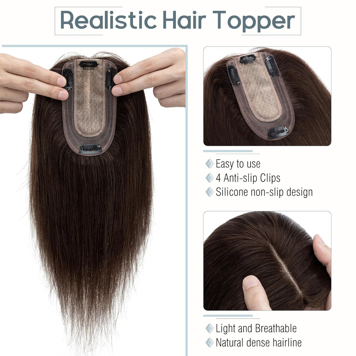 100% Real Human Hair Topper 6 Inch #2 Dark Brown 27g (4 clips) J169