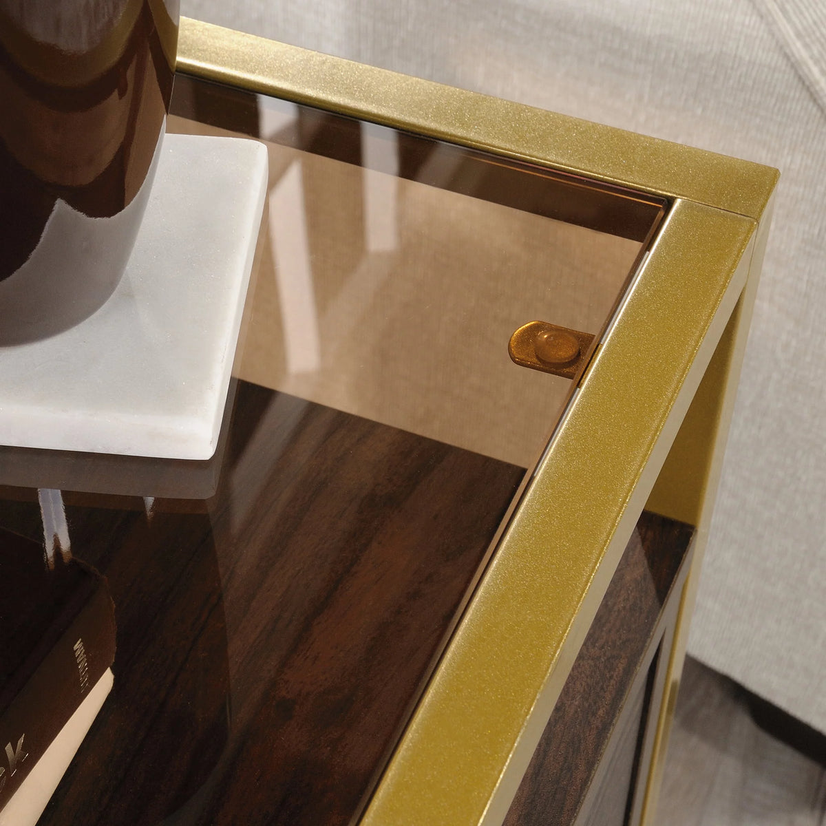 1 Drawer Glass Top Gold Metal Rectangular End Table E518