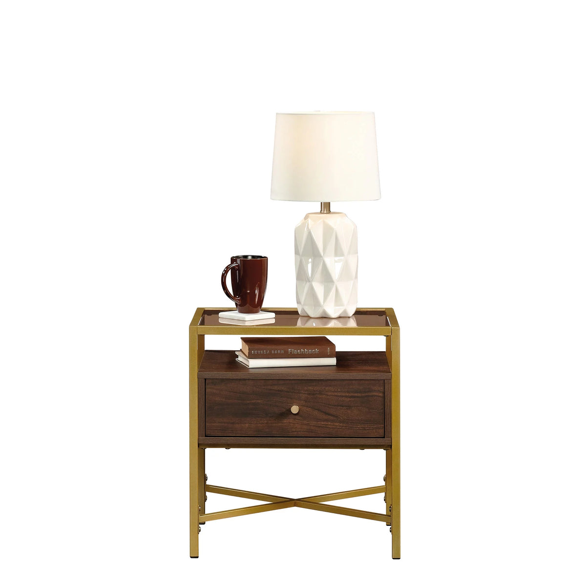 1 Drawer Glass Top Gold Metal Rectangular End Table E518