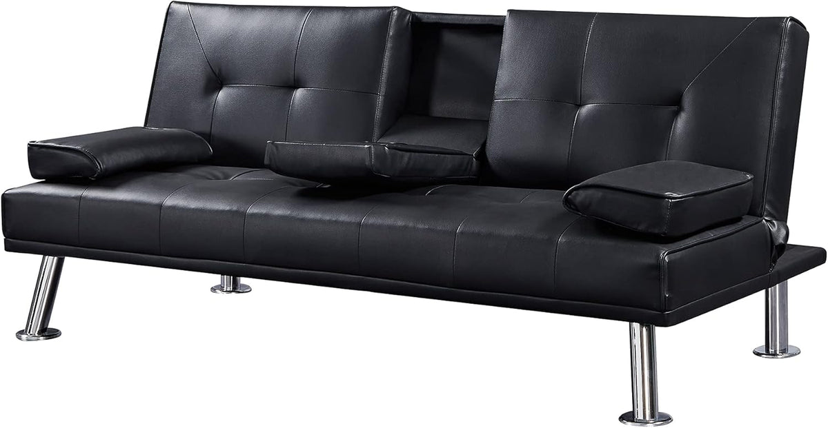 Black Faux Leather Loveseat Sofa Bed with Cup Holders P617