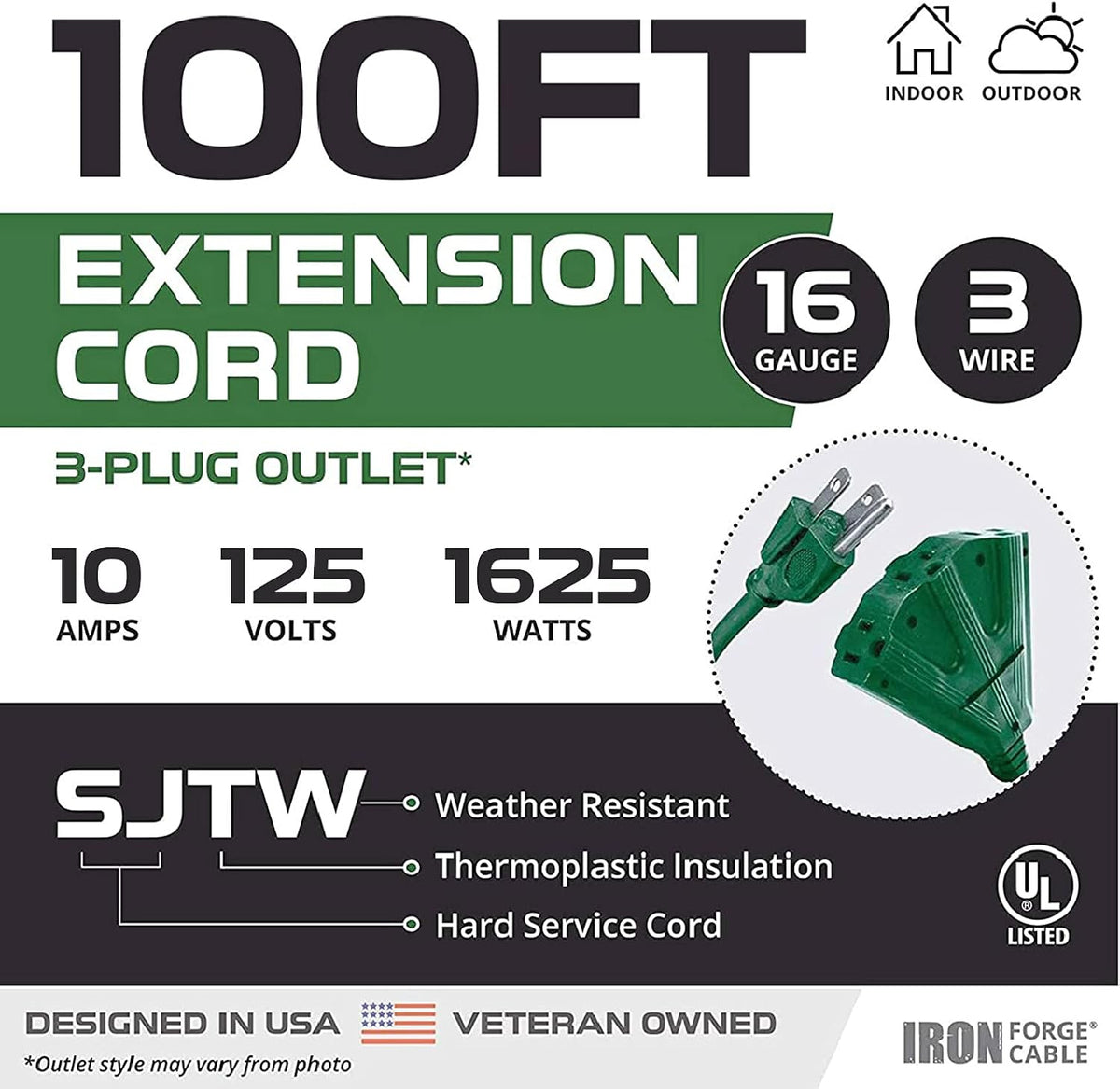 100 Ft Outdoor Extension Cord with 3 Outlets I5428