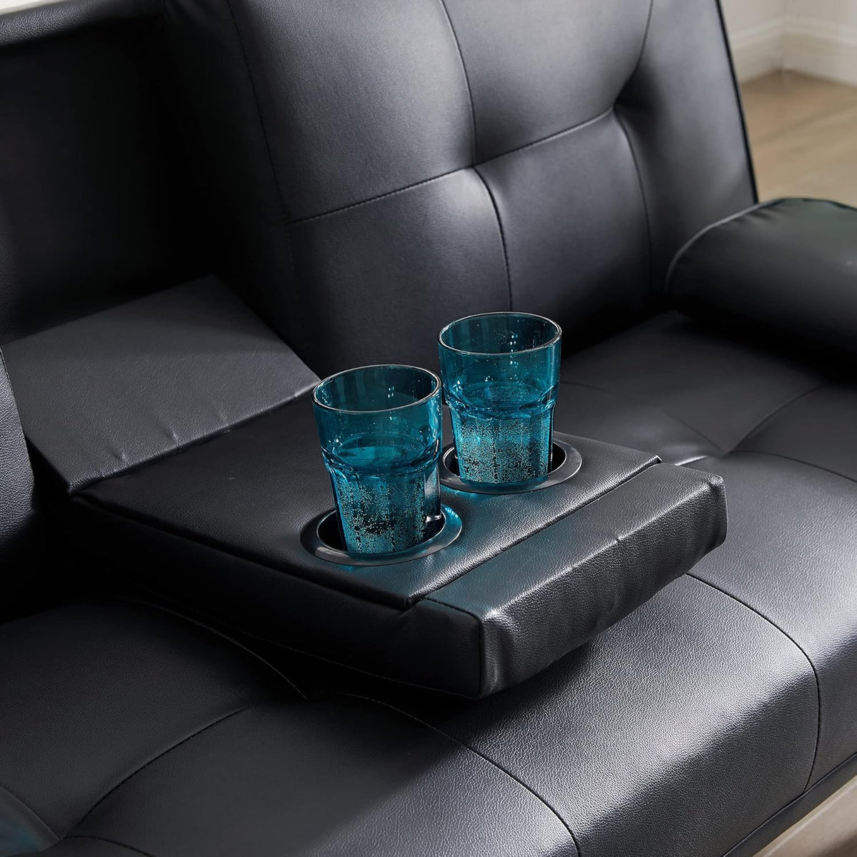Black Faux Leather Loveseat Sofa Bed with Cup Holders P617