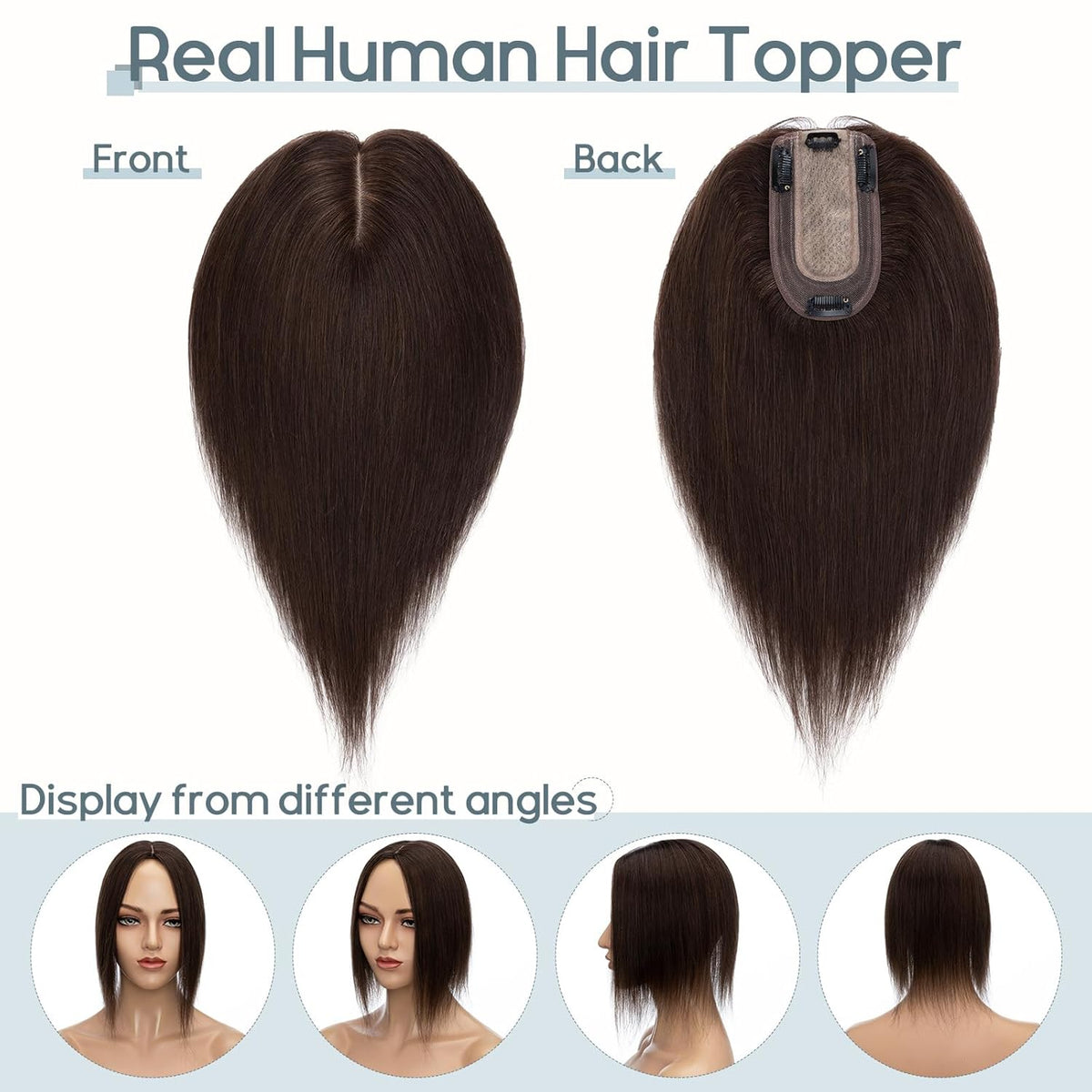 100% Real Human Hair Topper 6 Inch #2 Dark Brown 27g (4 clips) J169