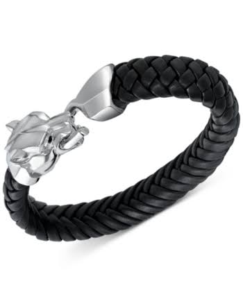 Sterling Silver Leather Panther Head Bracelet A6346