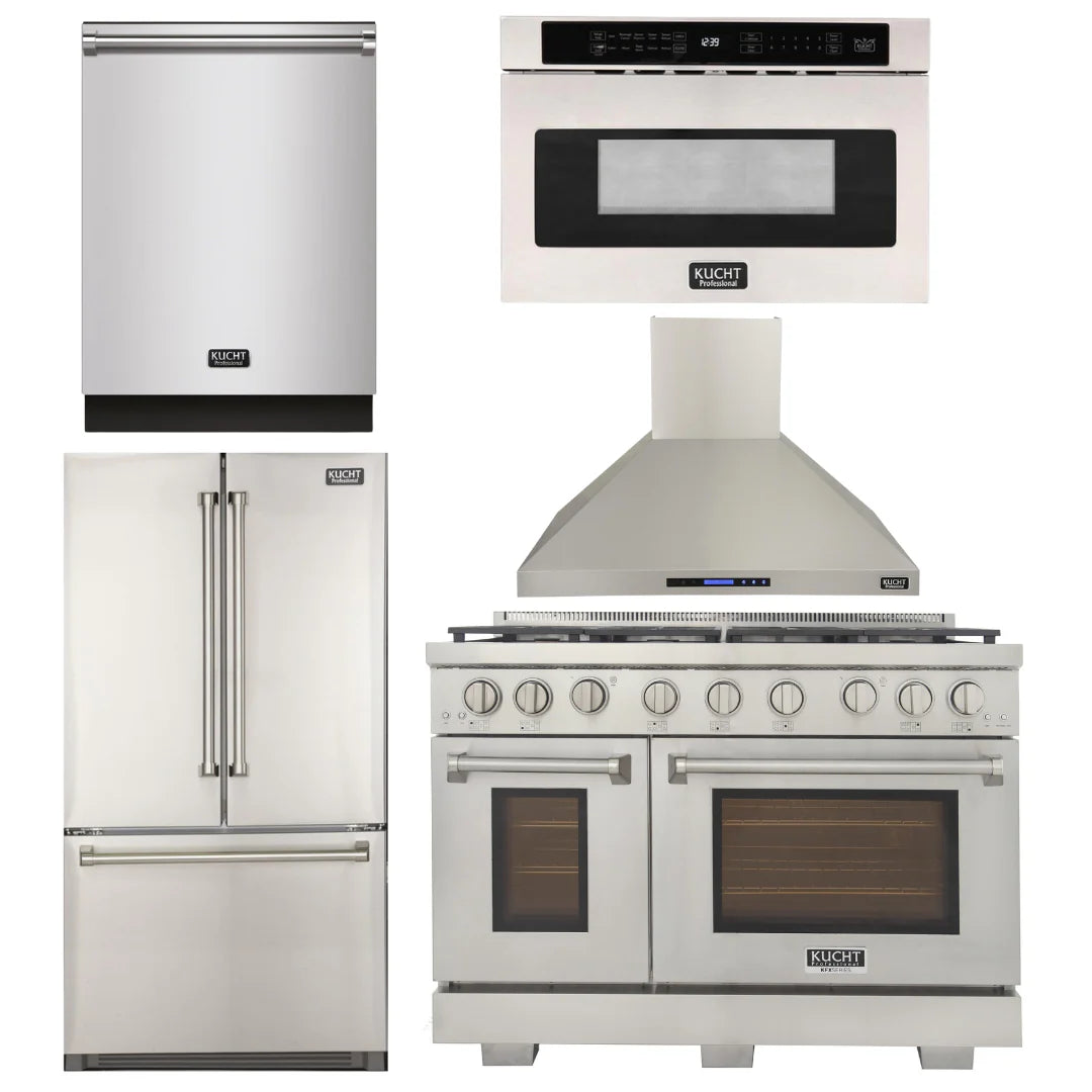 48 inch Natural Gas Range, Wall Range Hood, Refrigerator, Dishwasher, and Microwave Oven W90386
