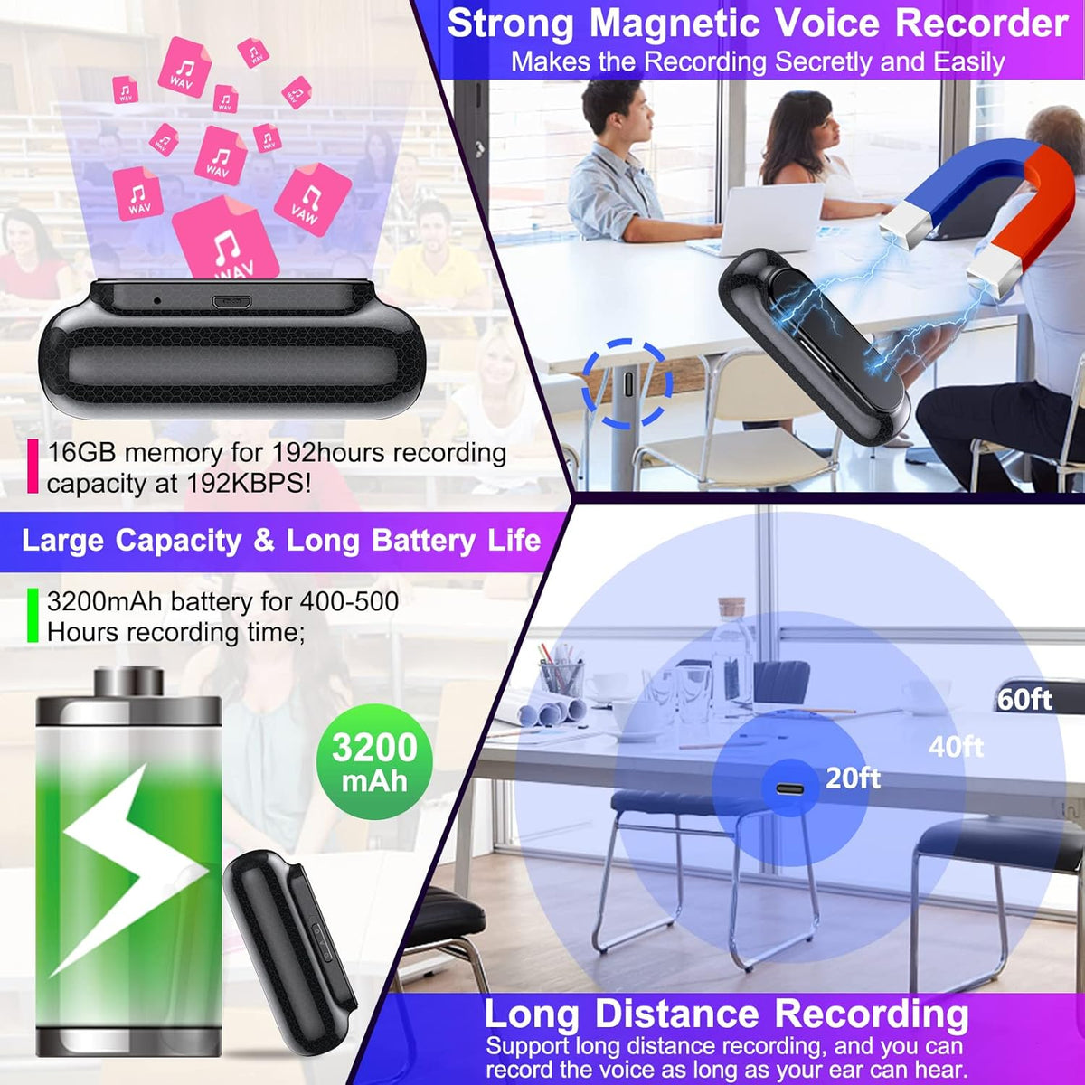 16GB Voice Activated Recorder, Magnetic, Portable Audio Recorder, Pack of 2 G6861