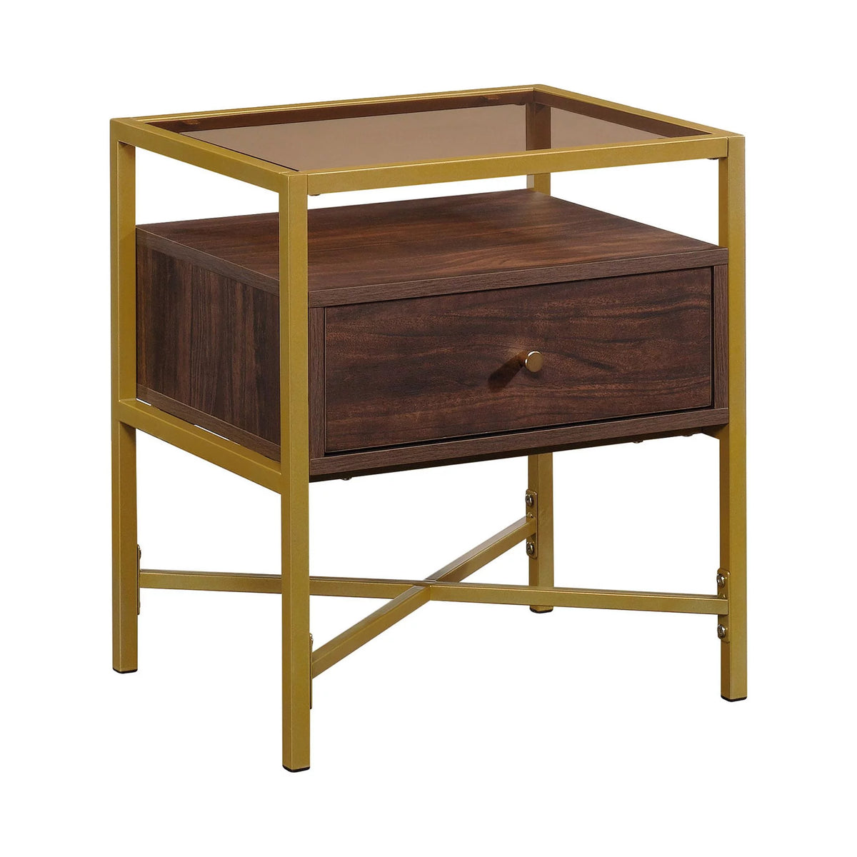 1 Drawer Glass Top Gold Metal Rectangular End Table E518