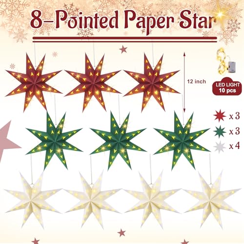 10 Set 8-Pointed 12 Inch Paper Star Lanterns with 10 LED Light P943