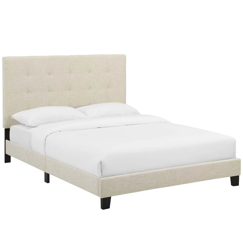Beige Tufted Upholstered Fabric Platform Bed Q54714