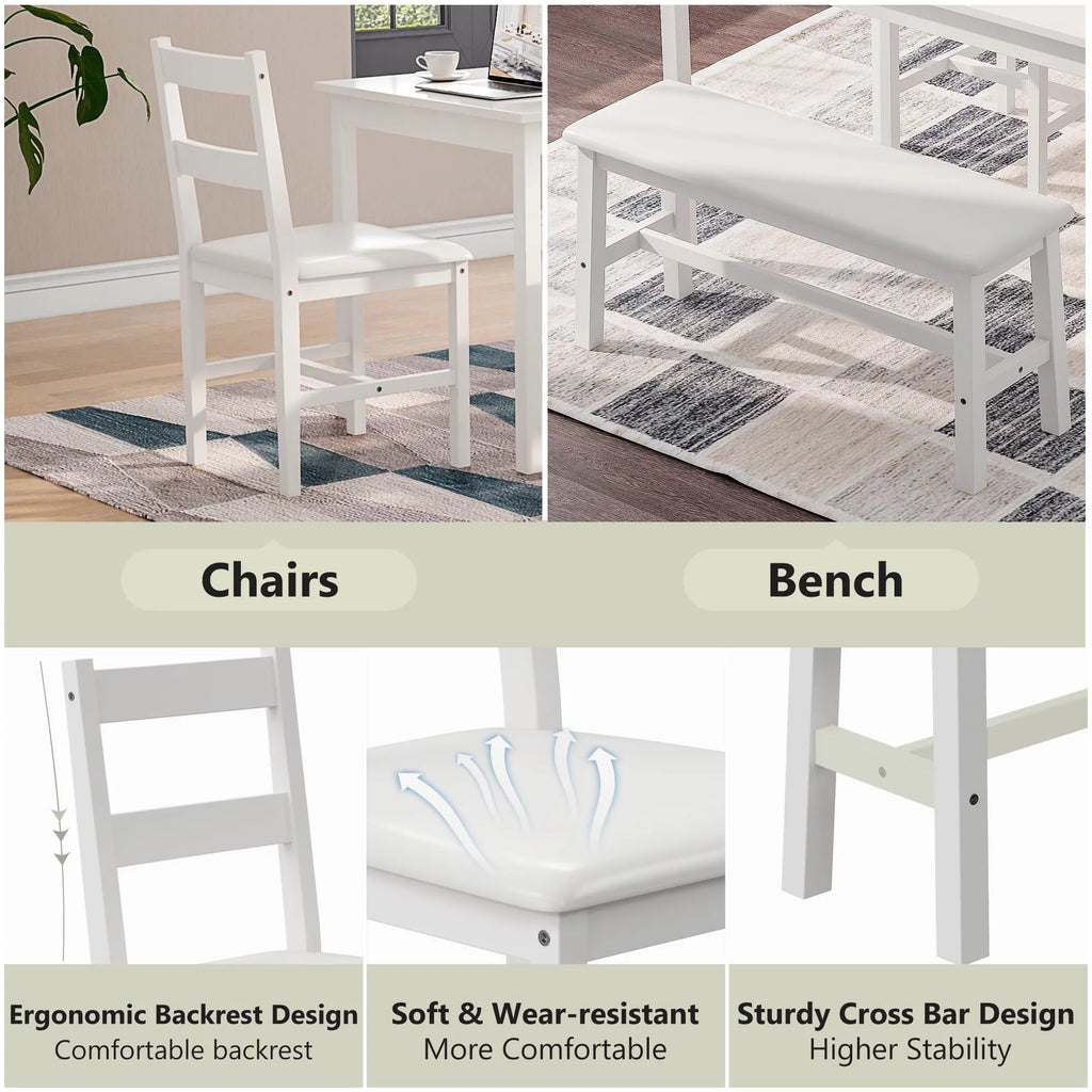 White 4 Piece Wood Dining Table Set with Chairs and Bench N3558