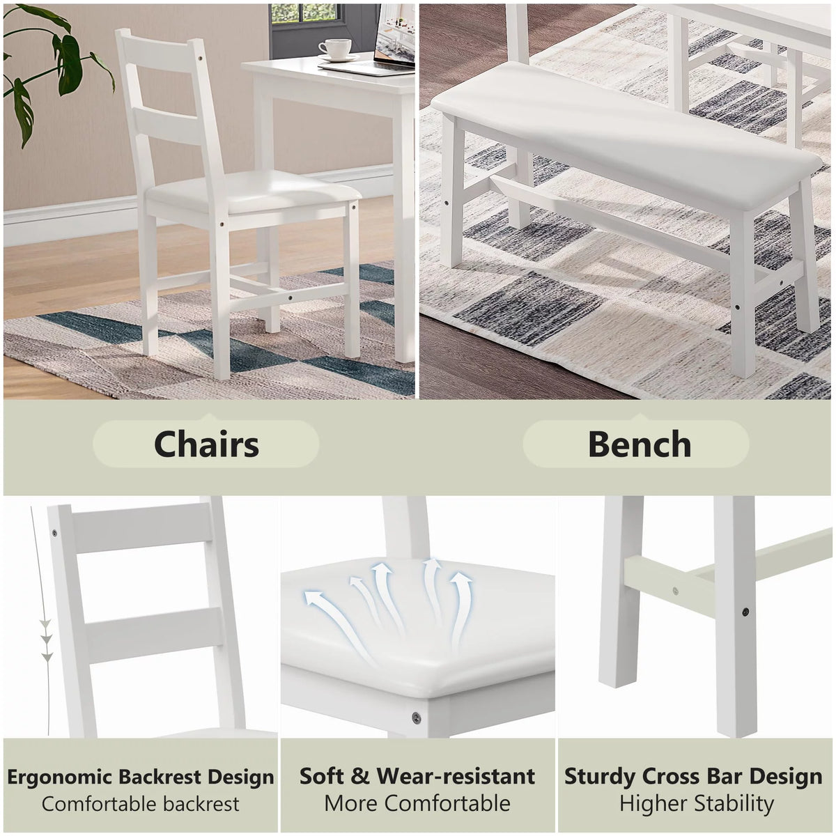 White 4 Piece Wood Dining Table Set with Chairs and Bench N3558