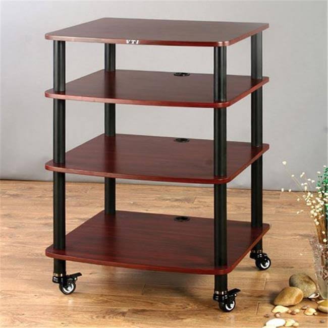 4 Black Poles 4 Cherry Shelves AV Stand with Caster T86095