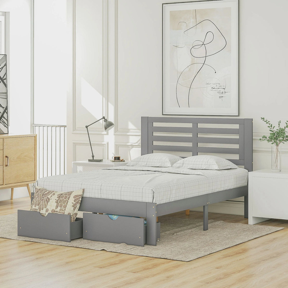 Full Size Platform Bed with Drawers Gray O1125