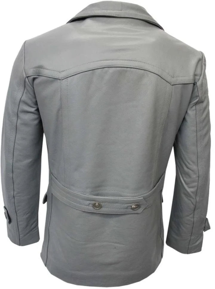 Grey Leather Pea Coat Blazer Y5559