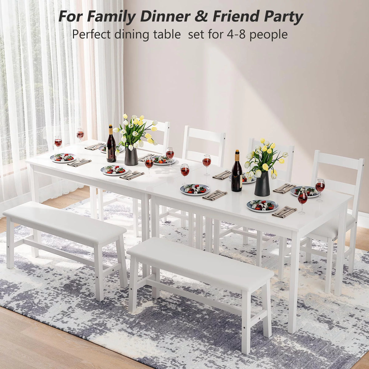 White 4 Piece Wood Dining Table Set with Chairs and Bench N3558