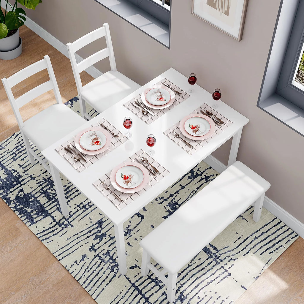 White 4 Piece Wood Dining Table Set with Chairs and Bench N3558