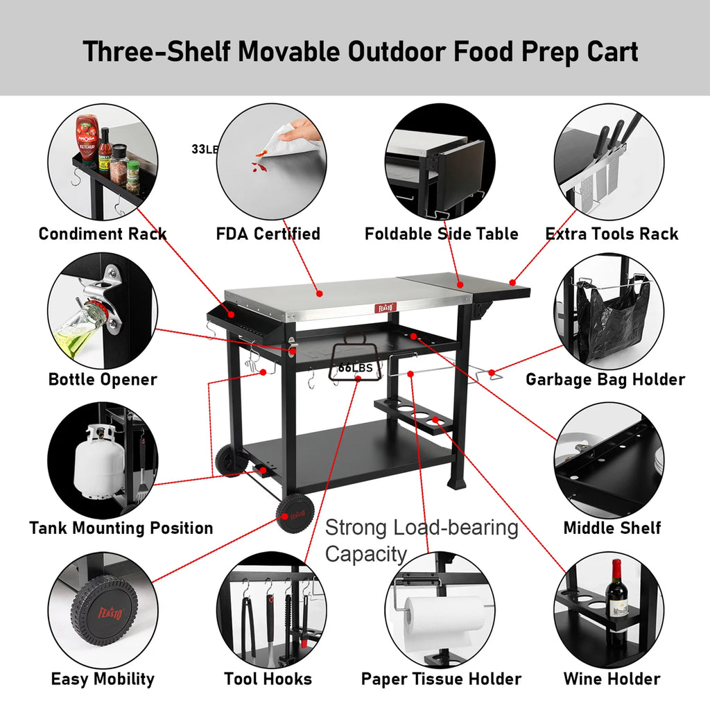 Stainless Steel 3-Shelf Movable Food Prep Cart Table D971